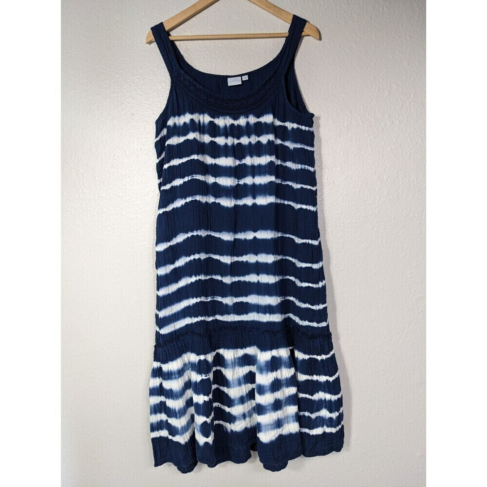 New Directions Blue Tie‎ Dye Sun Dress Sleevless Sz L Crepe Beach Nautical N34